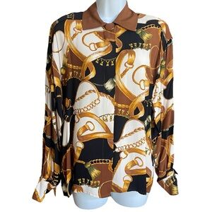 Vintage Sonya Ratan Button Up Blouse Collared Brown Black Gold Retro Size 4